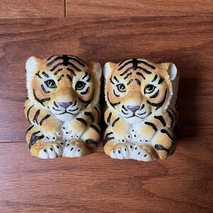 Tiger Cub Candle Holders Pair Ceramic Safari Jungle Animal Decor Vintage Taper